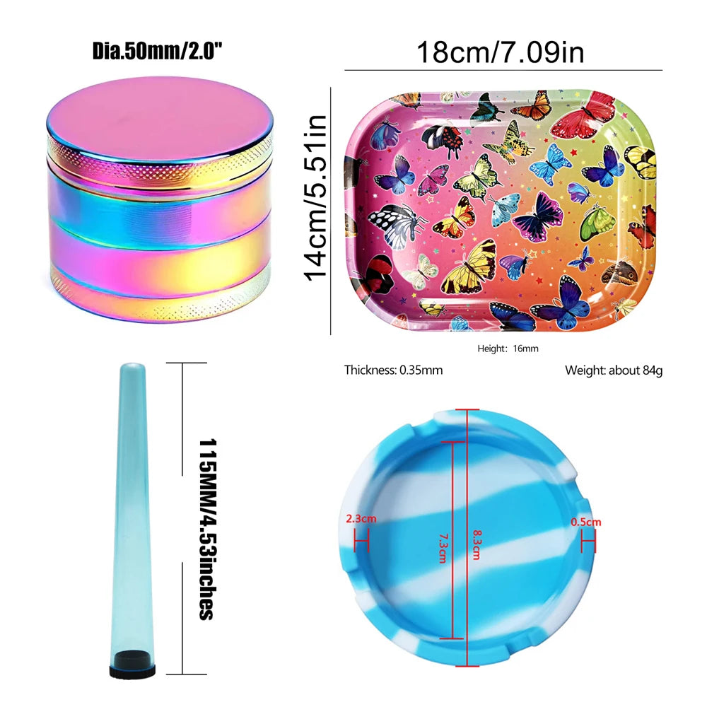 Smoking Odor Smell Proof Storage Tube Kit with Combination Metal Rolling Tray Herb Grinder Cigarette Silicone Ashtray Set