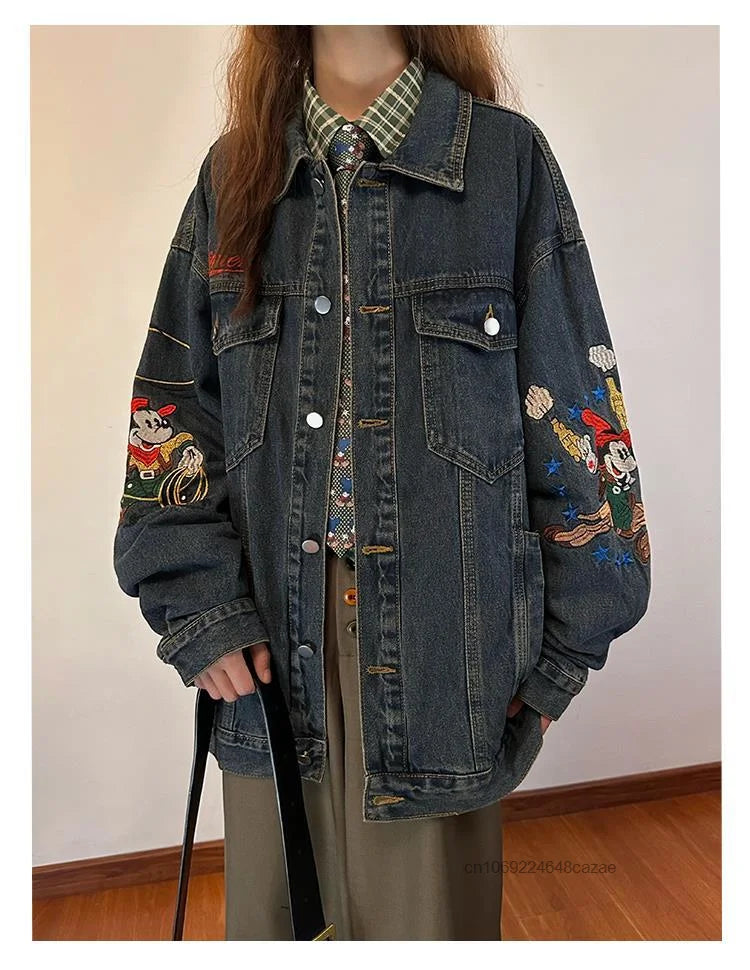 Disney Mickey Mouse American Style Vintage Denim Coat Cute Embroidered Casual Cowboy Coat Women's Autumn Loose Trendy Jacket Top