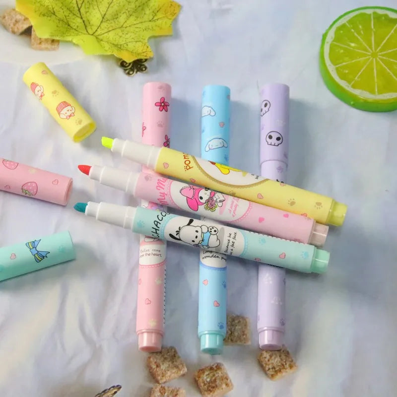 Sanrio  6Pcs Hello Kitty Highlighter Pen Set Kawaii Kuromi Cinnamoroll  My Melody Art Fluorescent Markers Pens School Office Sta