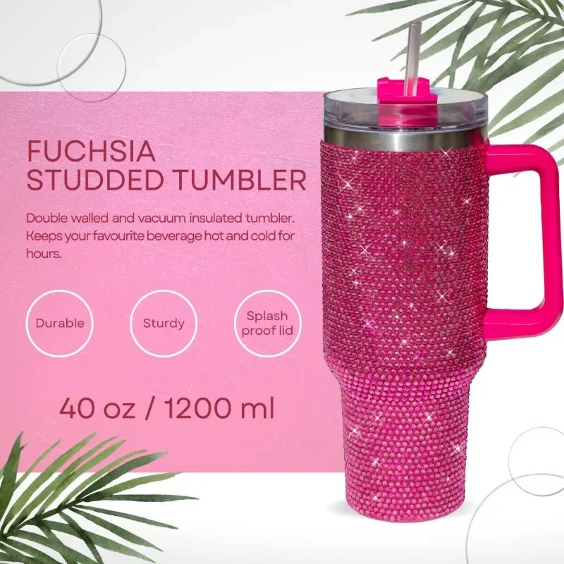40oz Rhinestone Tumbler Straw Cup Stainless Steel Glitter Diamond Women Coffee Mug Large Travel Car Shiny Thermoses Water Bottle