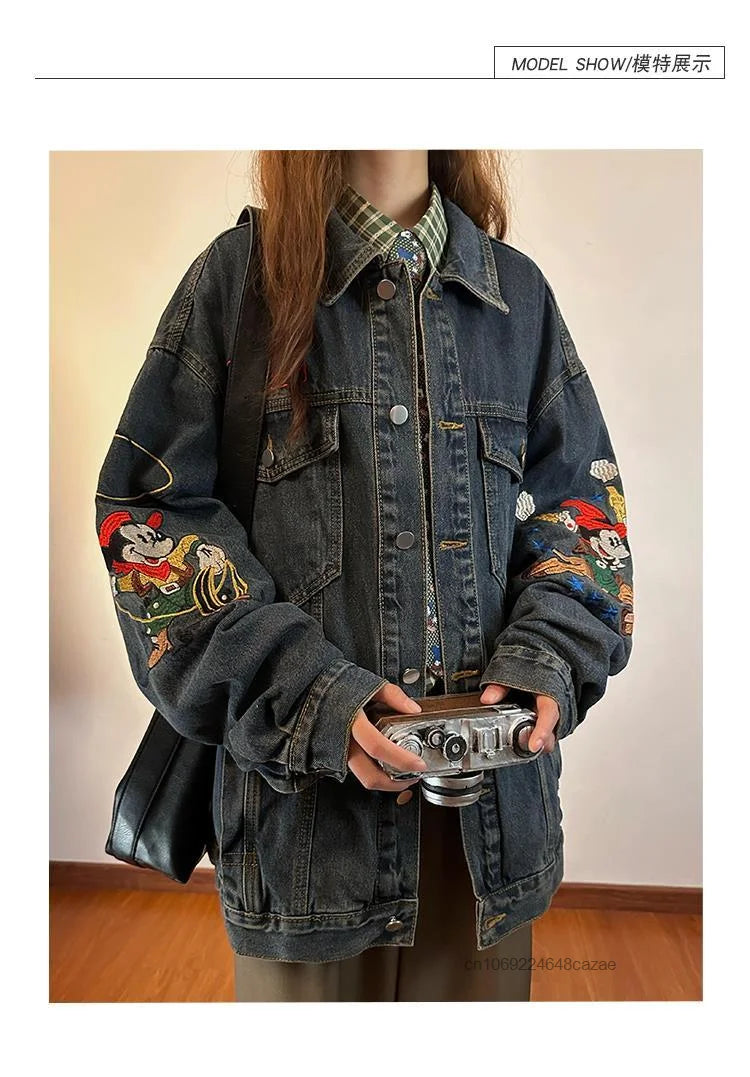 Disney Mickey Mouse American Style Vintage Denim Coat Cute Embroidered Casual Cowboy Coat Women's Autumn Loose Trendy Jacket Top