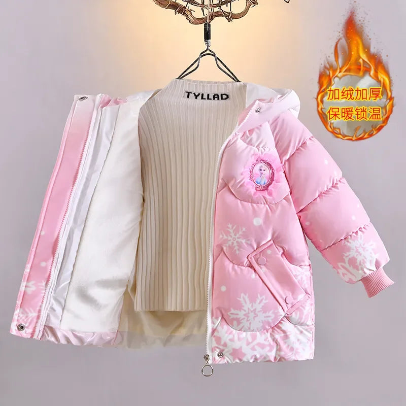 2025 Winter Baby Girls down Jacket Children Frozen Elsa Hooded Coats with Bag Kids Warm Plush Windbreaker Coat Princess Costumes