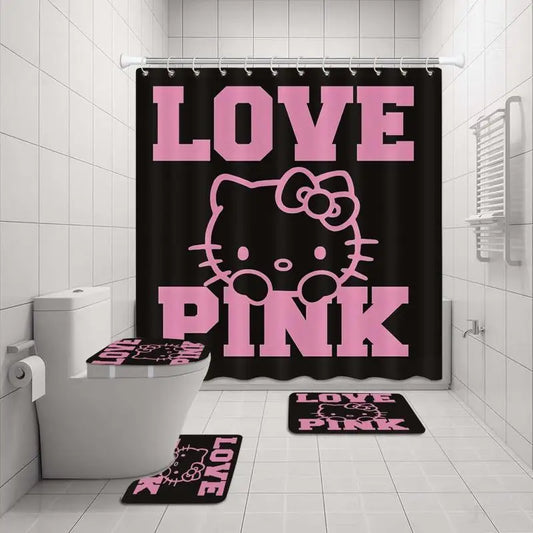 Hello Kitty 4pc  Shower Curtain Set  Shower Curtain.Carpet.Toilet Lid U-Shaped carpet.