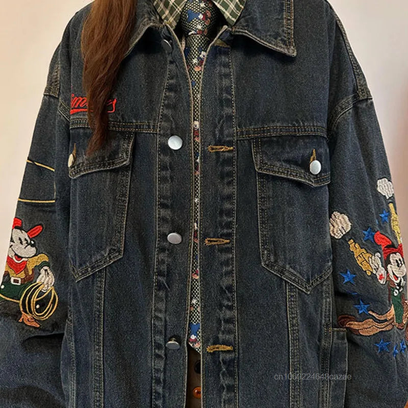 Disney Mickey Mouse American Style Vintage Denim Coat Cute Embroidered Casual Cowboy Coat Women's Autumn Loose Trendy Jacket Top