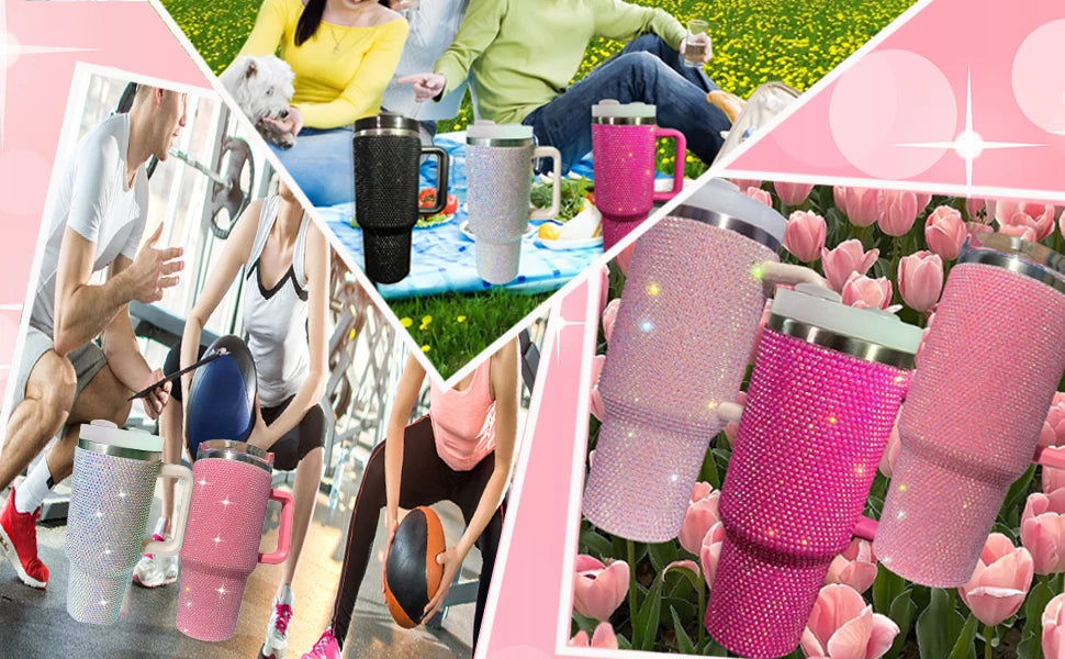 40oz Rhinestone Tumbler Straw Cup Stainless Steel Glitter Diamond Women Coffee Mug Large Travel Car Shiny Thermoses Water Bottle