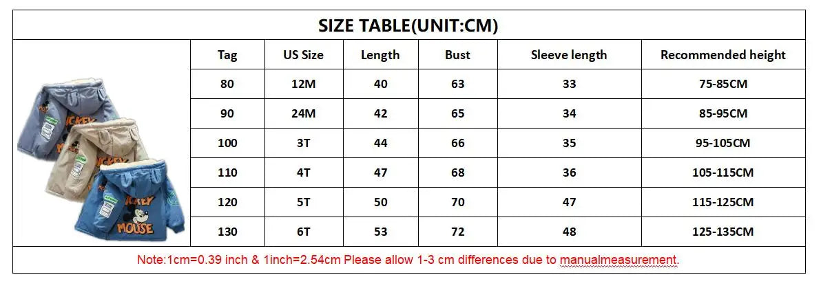 Children's Winter Coat Baby Girl Boy Mickey Mouse Cartoon Jackets 1-6Years Kids Thicken Keep Warm Hooded Outerwear Infant Clothe