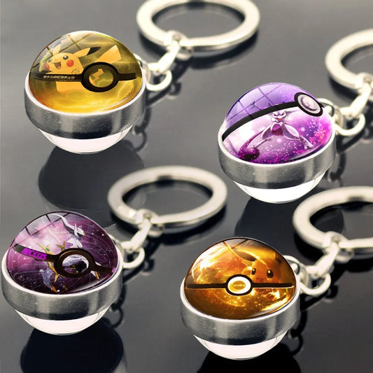 Pokemon Poke Ball Keychain Anime Pikachu Eevee Action Figures Double Sided Glass Key Ring Pendant Accessories Toys Xmas Gifts