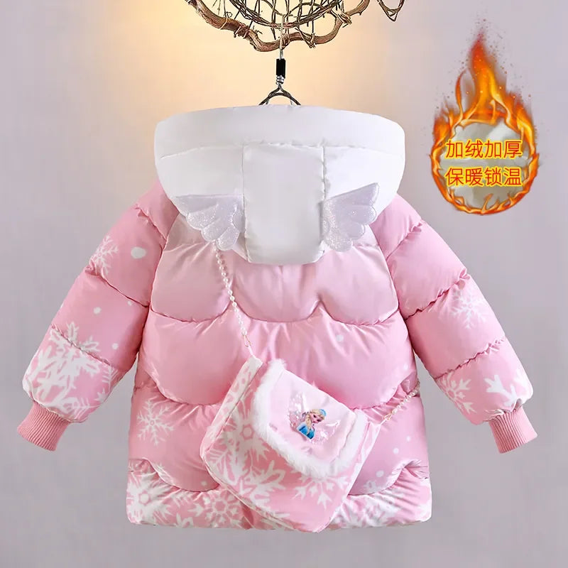 2025 Winter Baby Girls down Jacket Children Frozen Elsa Hooded Coats with Bag Kids Warm Plush Windbreaker Coat Princess Costumes