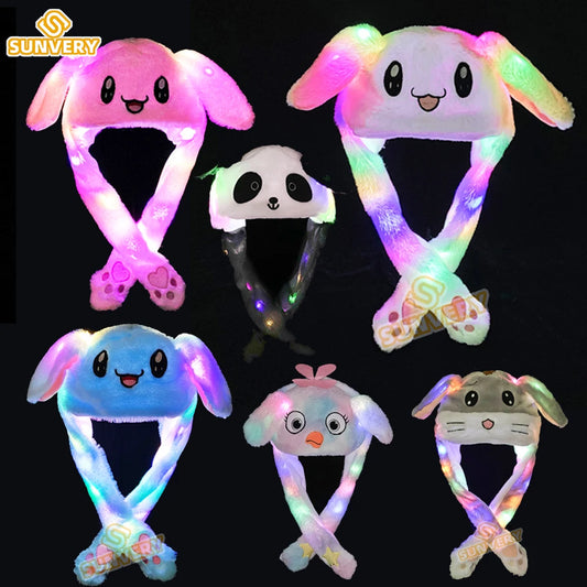 Glowing Plush Ear Moving Jumping Rabbit Hat Funny Glowing Ear Moving Bunny Hat Cosplay Christmas Party Hat 5-18 Years and Adult