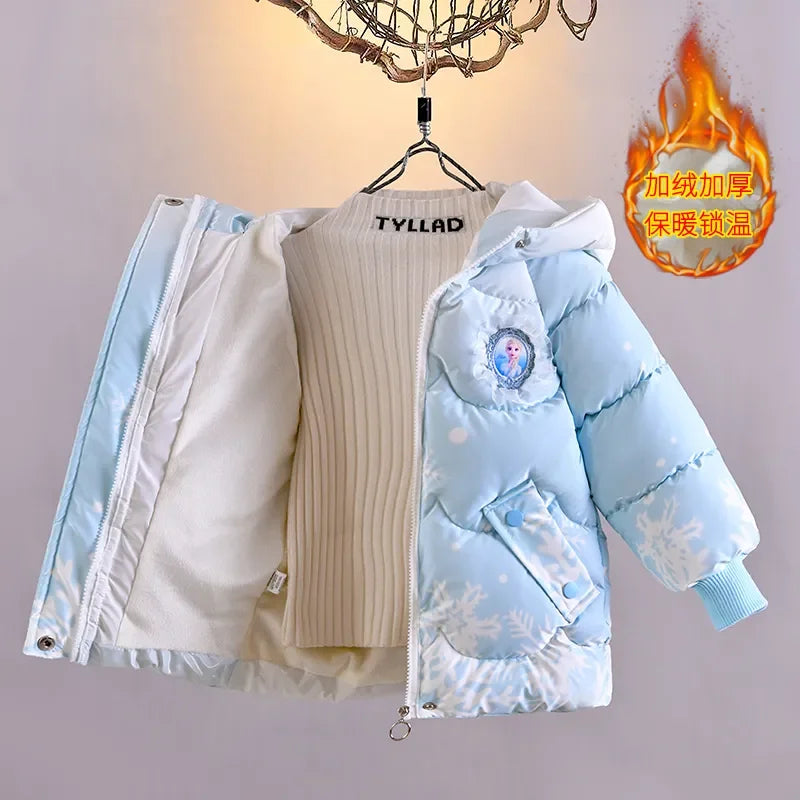 2025 Winter Baby Girls down Jacket Children Frozen Elsa Hooded Coats with Bag Kids Warm Plush Windbreaker Coat Princess Costumes
