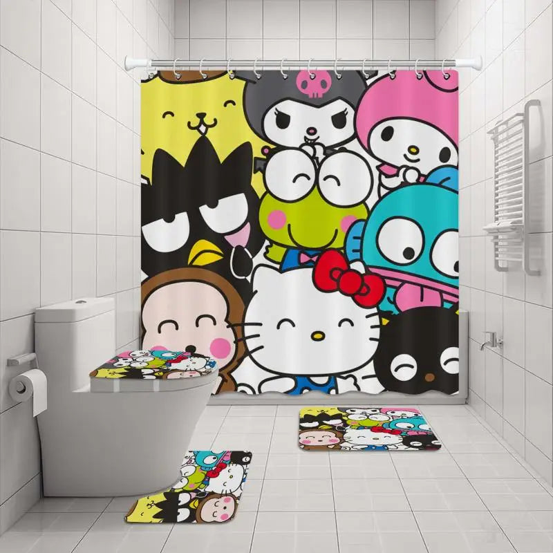 Hello Kitty 4pc  Shower Curtain Set  Shower Curtain.Carpet.Toilet Lid U-Shaped carpet.