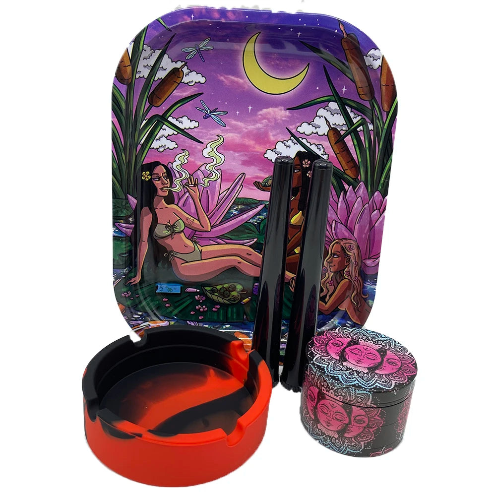 Smoking Odor Smell Proof Storage Tube Kit with Combination Metal Rolling Tray Herb Grinder Cigarette Silicone Ashtray Set