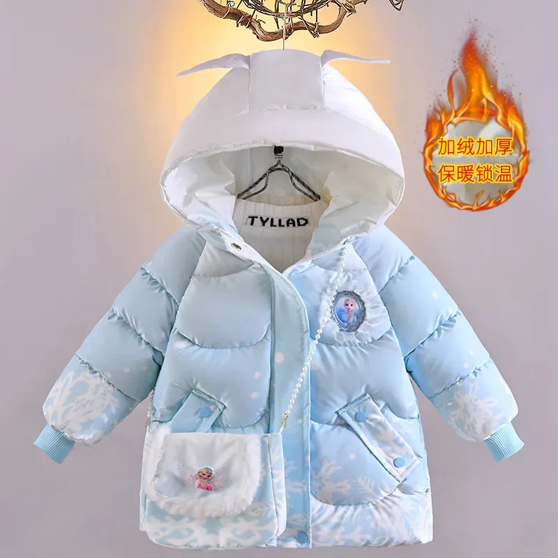 2025 Winter Baby Girls down Jacket Children Frozen Elsa Hooded Coats with Bag Kids Warm Plush Windbreaker Coat Princess Costumes