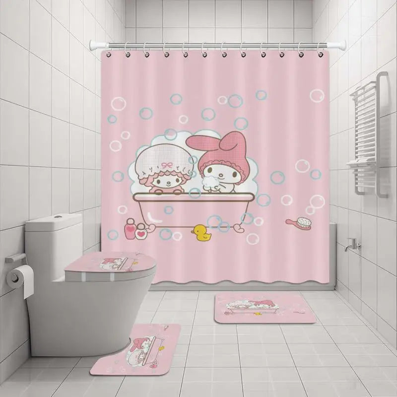 Hello Kitty 4pc  Shower Curtain Set  Shower Curtain.Carpet.Toilet Lid U-Shaped carpet.
