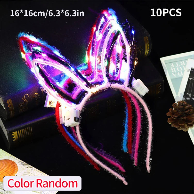 10Pcs LED Glow Cat Bunny Ear Horn Hairband Light Up Flower Rattan Headband Women Girl LED Neon Birthday Wedding Party Supplies