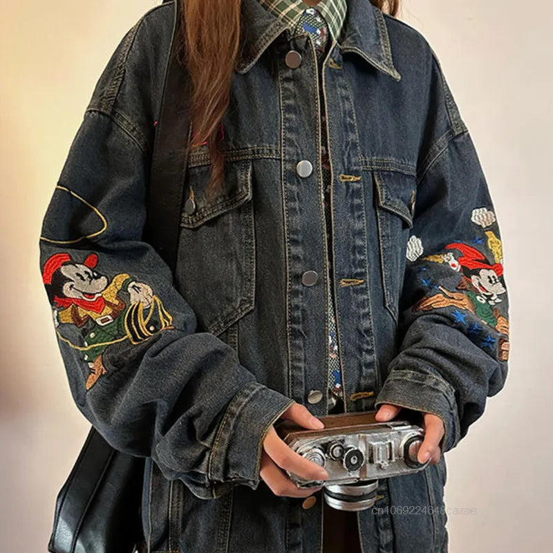 Disney Mickey Mouse American Style Vintage Denim Coat Cute Embroidered Casual Cowboy Coat Women's Autumn Loose Trendy Jacket Top