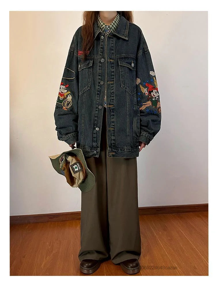 Disney Mickey Mouse American Style Vintage Denim Coat Cute Embroidered Casual Cowboy Coat Women's Autumn Loose Trendy Jacket Top
