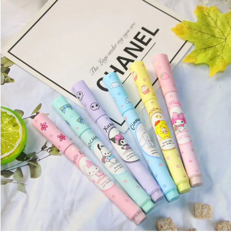 Sanrio  6Pcs Hello Kitty Highlighter Pen Set Kawaii Kuromi Cinnamoroll  My Melody Art Fluorescent Markers Pens School Office Sta