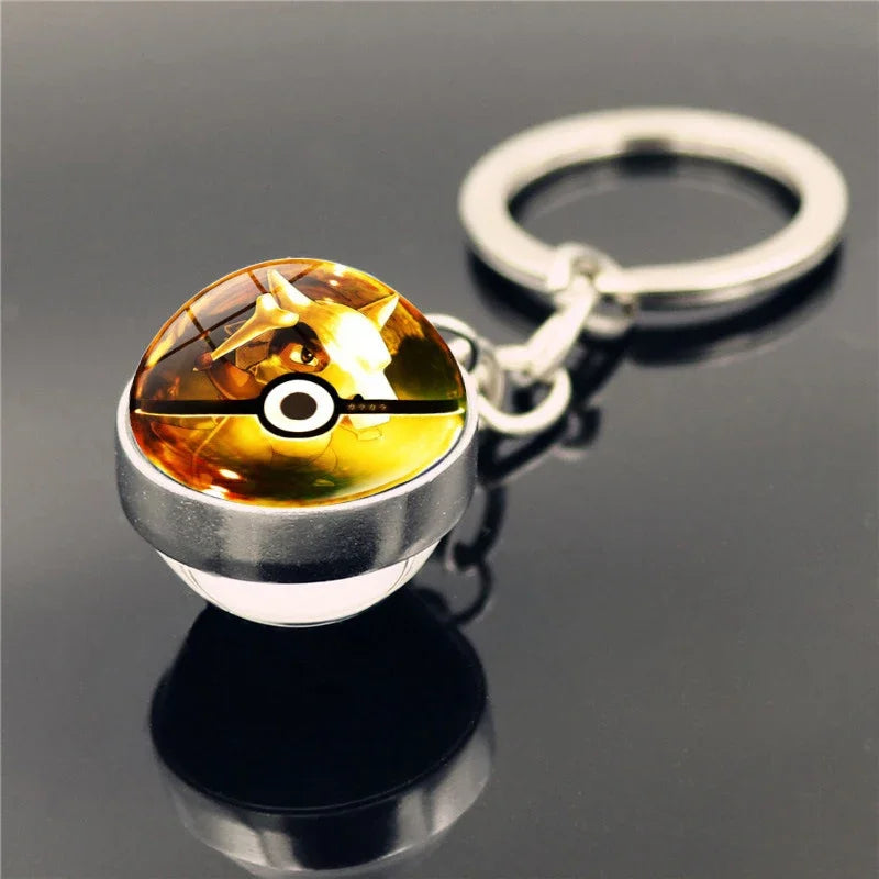 Pokemon Poke Ball Keychain Anime Pikachu Eevee Action Figures Double Sided Glass Key Ring Pendant Accessories Toys Xmas Gifts