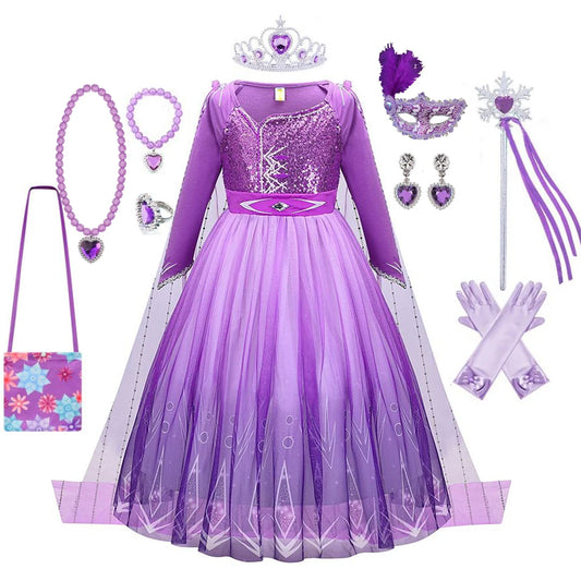 Disney  Elsa Dress Princess Cosplay Purple Sequins Long Sleeves Ball Gown