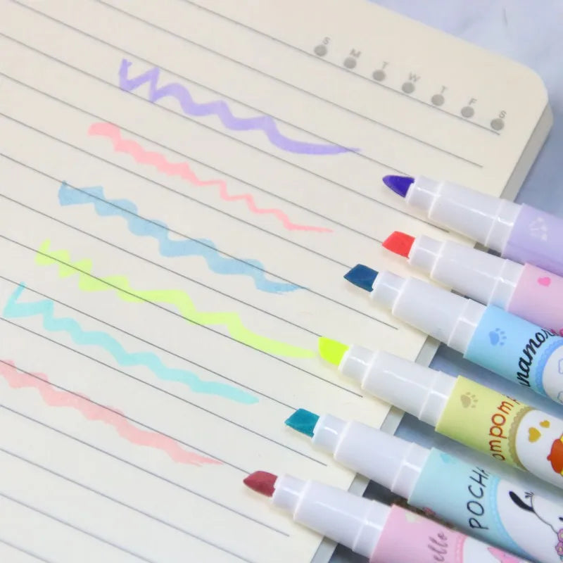 Sanrio  6Pcs Hello Kitty Highlighter Pen Set Kawaii Kuromi Cinnamoroll  My Melody Art Fluorescent Markers Pens School Office Sta