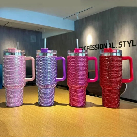 40oz Rhinestone Tumbler Straw Cup Stainless Steel Glitter Diamond Women Coffee Mug Large Travel Car Shiny Thermoses Water Bottle