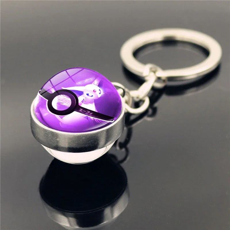 Pokemon Poke Ball Keychain Anime Pikachu Eevee Action Figures Double Sided Glass Key Ring Pendant Accessories Toys Xmas Gifts