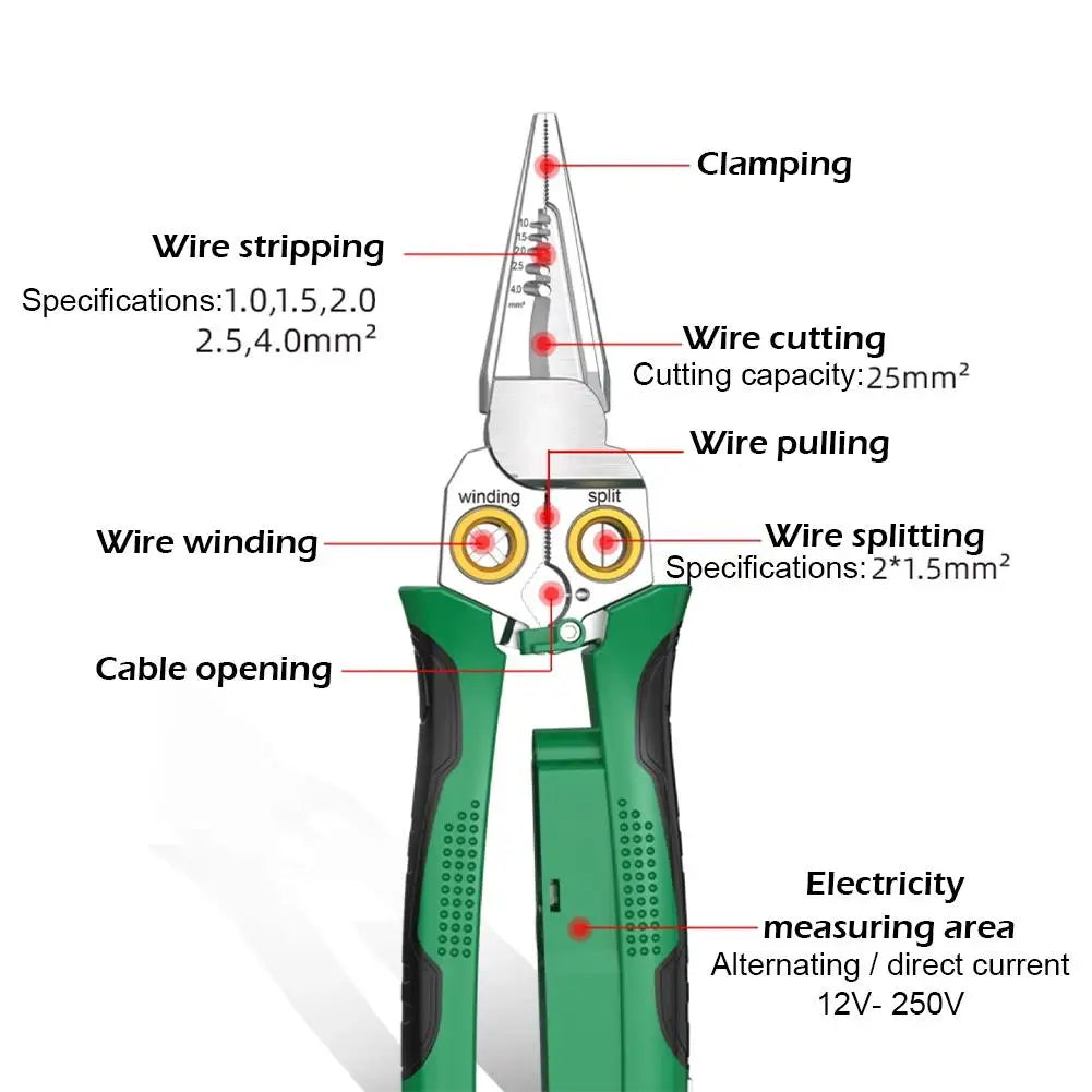 9 In 1 Wire Stripper Stainless Steel Electrician Cable Cutter Wire Crimping Pliers Clamper Splitting Winding Multi Function Tool