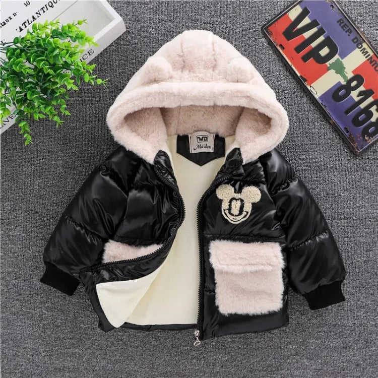 Baby Girls Boys down Jacket 2024 Winter Coats Children Clothes Mickey Mouse Hooded Windbreaker Coat for Kids Warm Plush Parka