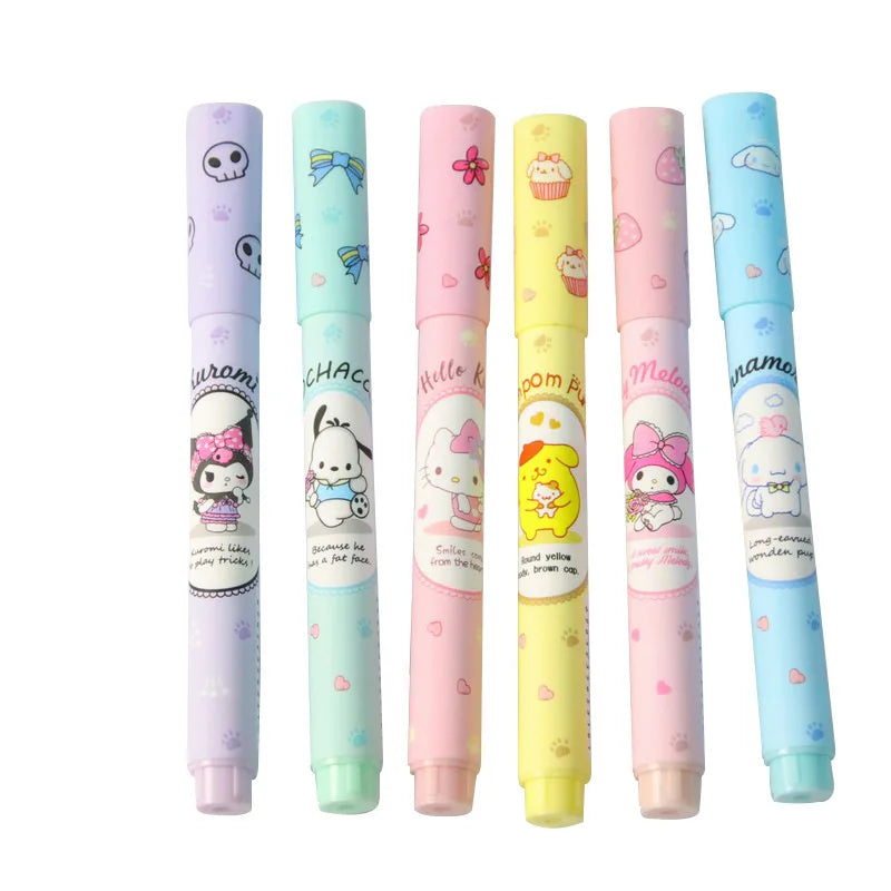 Sanrio  6Pcs Hello Kitty Highlighter Pen Set Kawaii Kuromi Cinnamoroll  My Melody Art Fluorescent Markers Pens School Office Sta