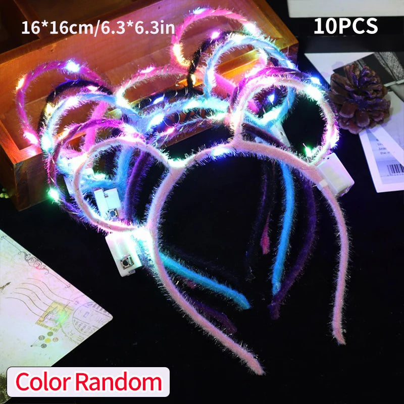10Pcs LED Glow Cat Bunny Ear Horn Hairband Light Up Flower Rattan Headband Women Girl LED Neon Birthday Wedding Party Supplies