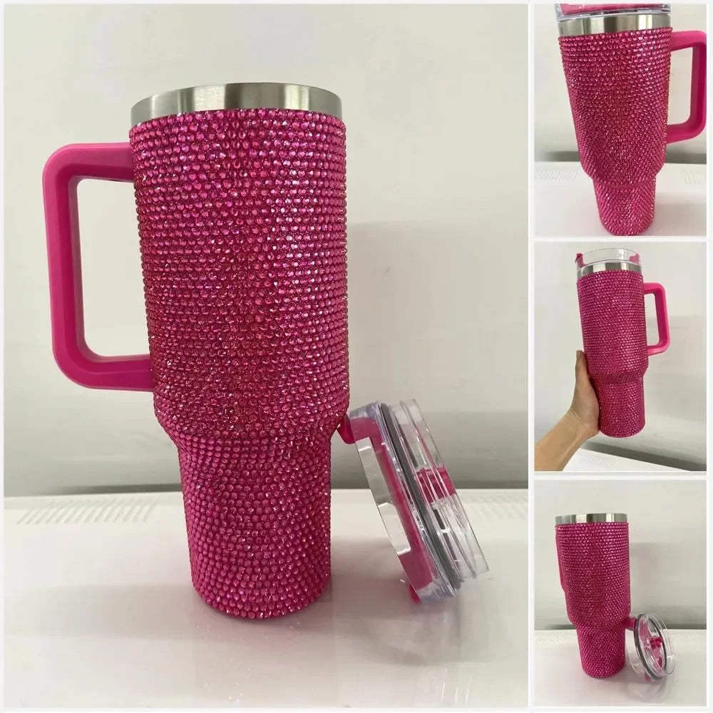 40oz Rhinestone Tumbler Straw Cup Stainless Steel Glitter Diamond Women Coffee Mug Large Travel Car Shiny Thermoses Water Bottle
