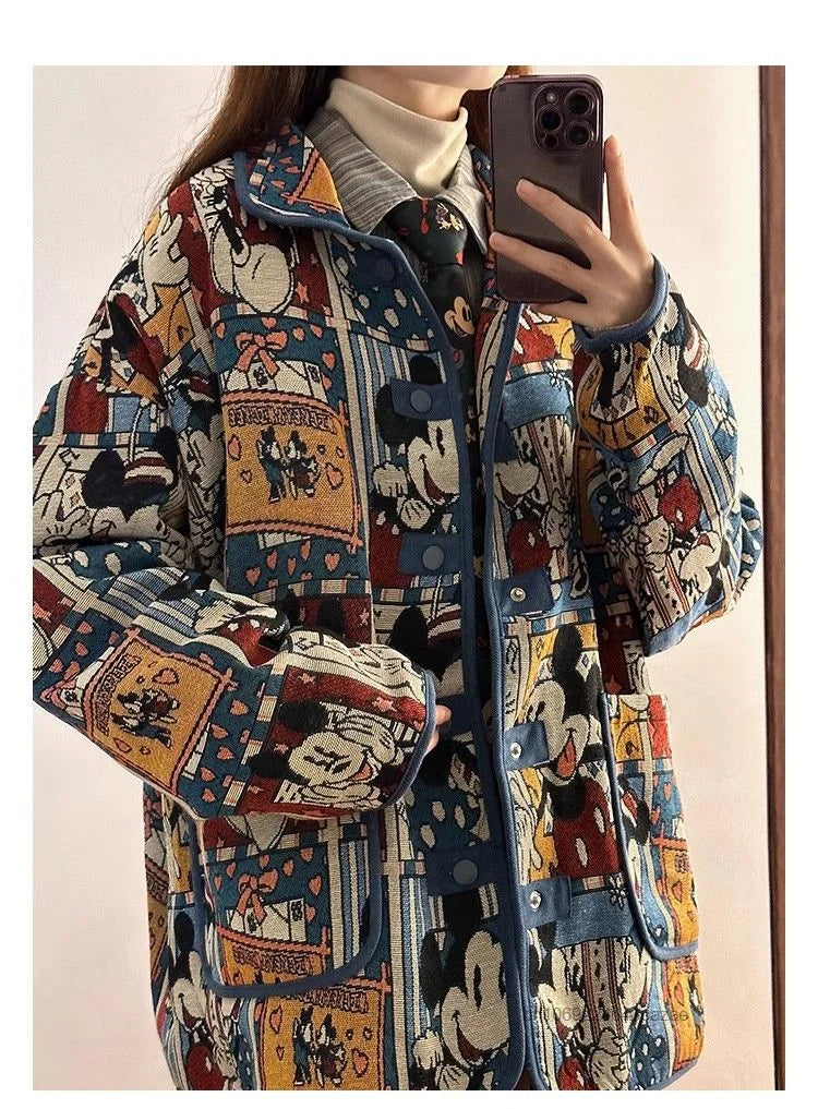 Disney Mickey Cute Cartoon Jacquard Jacket Women Autumn American Style Vintage Loose Coat Unique Design Trendy Versatile Jacket