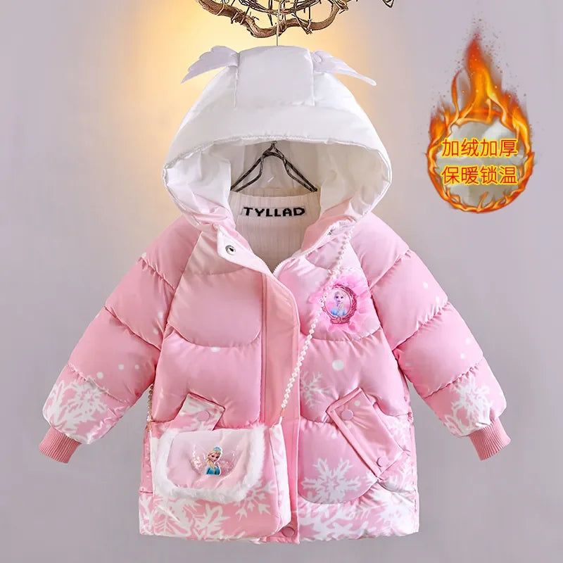 2025 Winter Baby Girls down Jacket Children Frozen Elsa Hooded Coats with Bag Kids Warm Plush Windbreaker Coat Princess Costumes