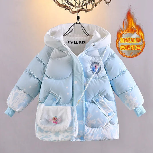 2025 Winter Baby Girls down Jacket Children Frozen Elsa Hooded Coats with Bag Kids Warm Plush Windbreaker Coat Princess Costumes
