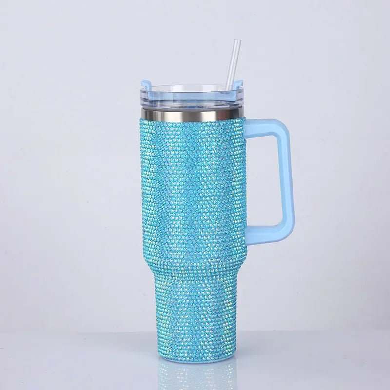 40oz Rhinestone Tumbler Straw Cup Stainless Steel Glitter Diamond Women Coffee Mug Large Travel Car Shiny Thermoses Water Bottle