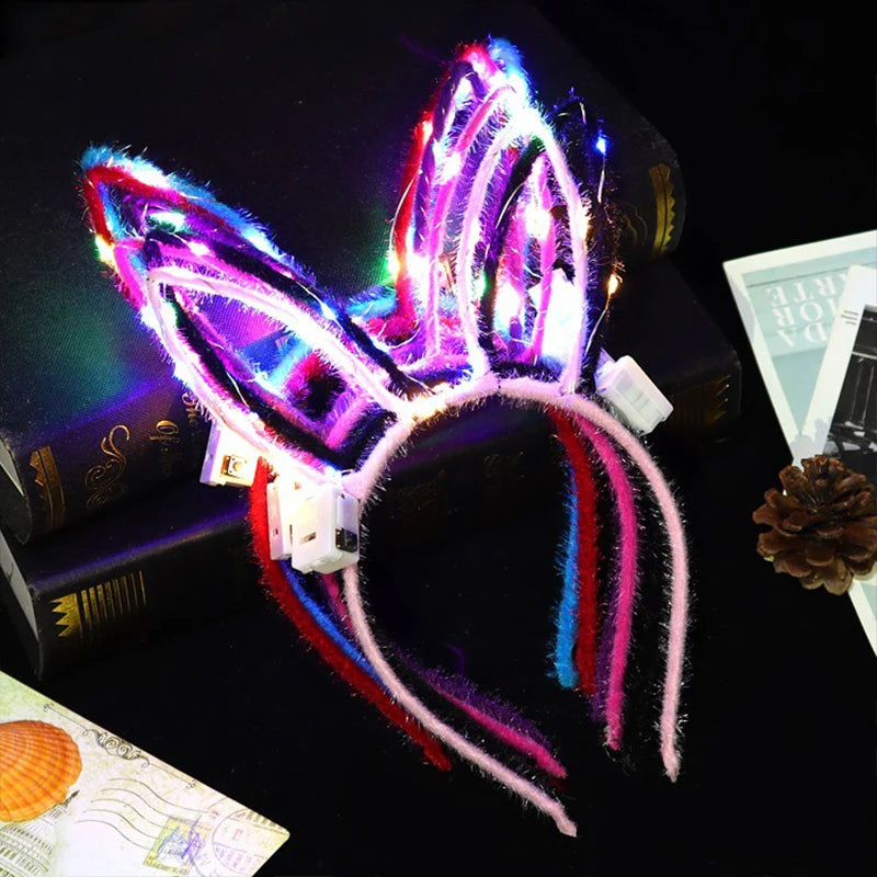 10Pcs LED Glow Cat Bunny Ear Horn Hairband Light Up Flower Rattan Headband Women Girl LED Neon Birthday Wedding Party Supplies