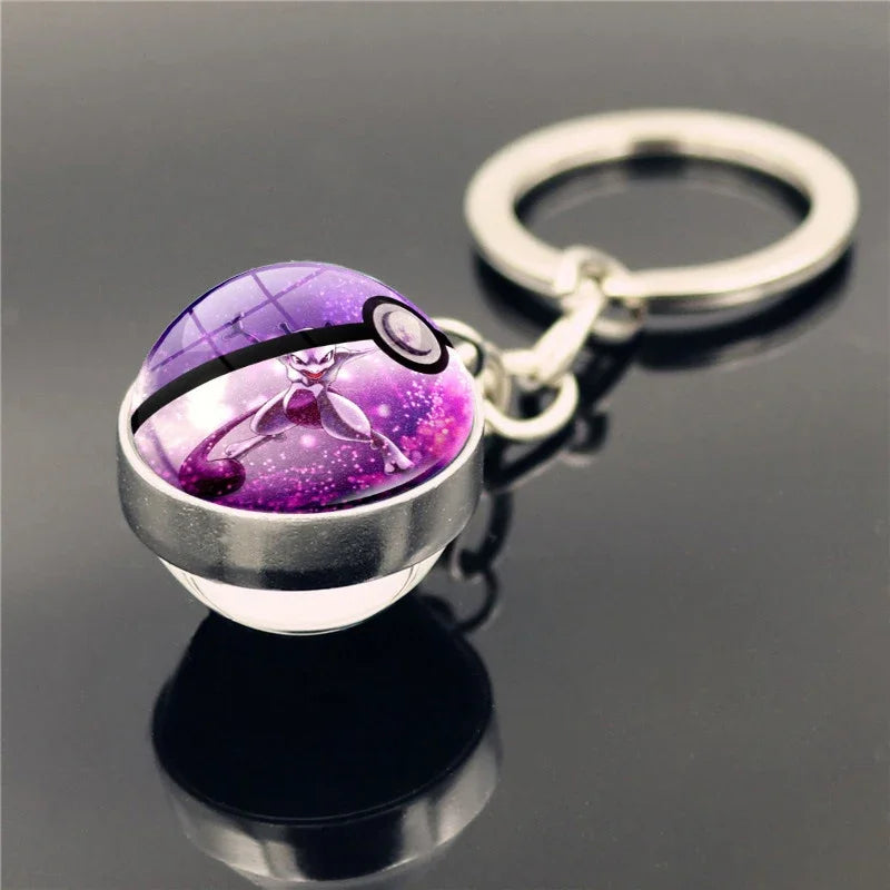Pokemon Poke Ball Keychain Anime Pikachu Eevee Action Figures Double Sided Glass Key Ring Pendant Accessories Toys Xmas Gifts