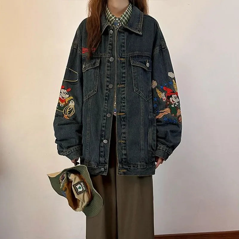 Disney Mickey Mouse American Style Vintage Denim Coat Cute Embroidered Casual Cowboy Coat Women's Autumn Loose Trendy Jacket Top