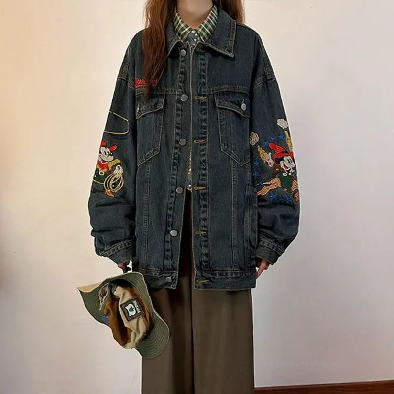 Disney Mickey Mouse American Style Vintage Denim Coat Cute Embroidered Casual Cowboy Coat Women's Autumn Loose Trendy Jacket Top