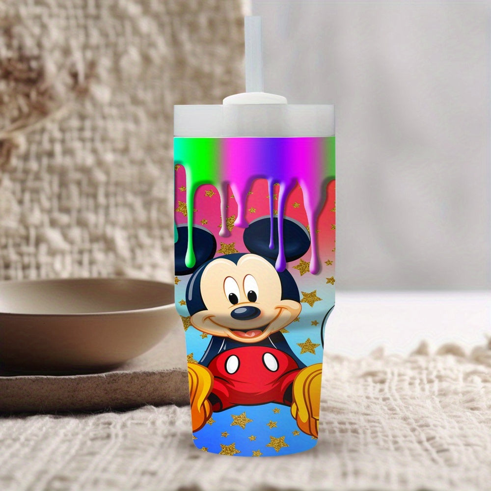 Disney Mickey Mouse & Stars 14oz Stainless Steel Tumbler with Straw, Insulated Travel Mug for Car & Home Use, Hand Wash Only, BPA-Free, Round Shape, Ideal Ramadan Gift for Family and Friends