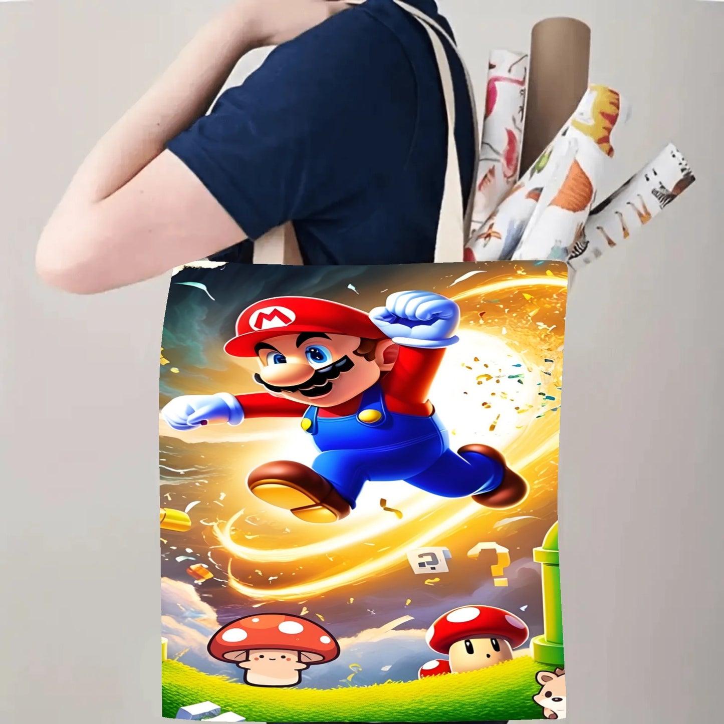 1pc SUPER MARIO Cartoon Print Tote Bag, Large Capacity Polyester Shoulder Bag with Classic Video Game Theme, Ideal for Work, College, Grocery Shopping, Fits Various Occasions Including Birthdays, Housewarming, Bachelor Partie