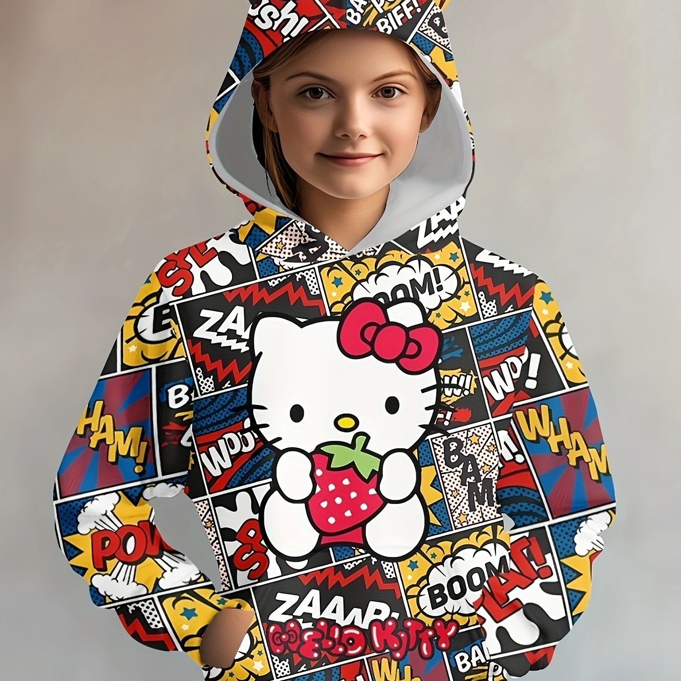 Sanrio Hello Kitty Hoodie for Girls - Cozy & Stylish Long Sleeve Pullover with 3D Cat Ears and Large Pockets, Perfect for All Seasons