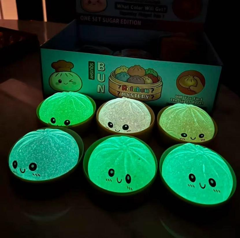 Glow in the Dark Squishy Bun Mystery Box – Rainbow Sugar Edition