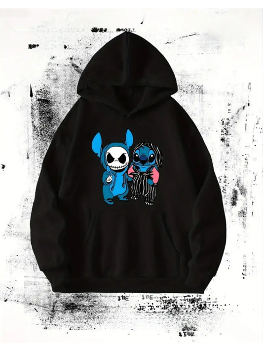 Fleece Hooded Sweatshirt with Rope 270G Black And White European And American Street Cartoon Hip Hop Style Solid Color Trendy Brand Loose Fleece Jacket Christmas And New Year Gift Men'S Casual Stitch Skeleton Hoodie