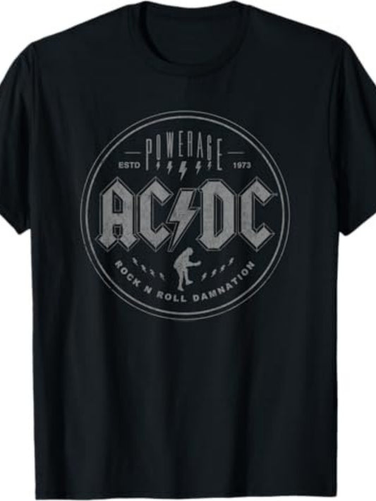 1pc Women'S Casual Cotton T-Shirt with AC/DC Rock N Roll Damnation Lettering, Round Neck, Regular Length - Spring/Summer/Autumn Knit Top