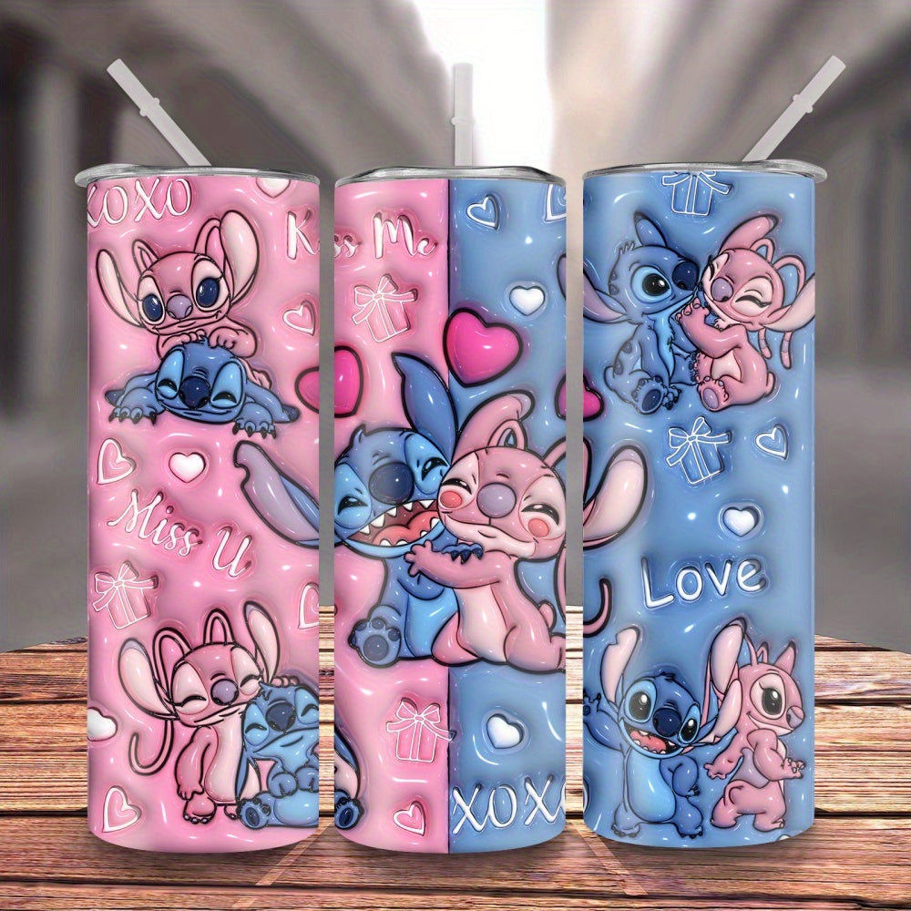 Stitch & Angel 20oz Insulated Tumbler - Love You Kiss Me Design, Stainless Steel with Straw for Fitness, Travel, Driving & Home Use