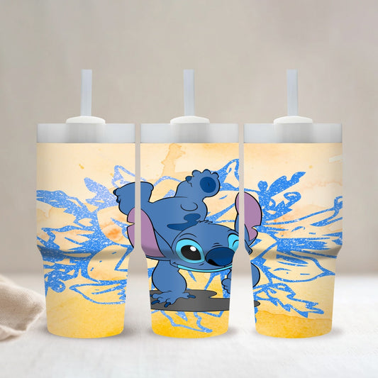 Disney Stitch Cartoon Character Round Stainless Steel Tumbler with Straw, 14oz Insulated Travel Mug, BPS Free, Hand Wash Only, Ideal for Car, Home, Daily Use, Gift for Family and Friends - Ramadan Celebration