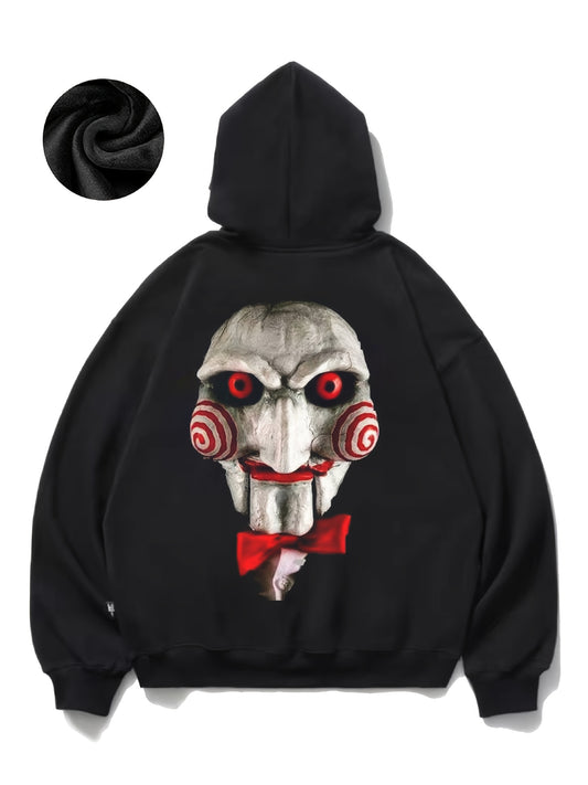 Autumn and Winter Wear Men's Fashion Printed Fleece Hoodie for Casual Comfort with Saw Puppet Horror Graphic Design