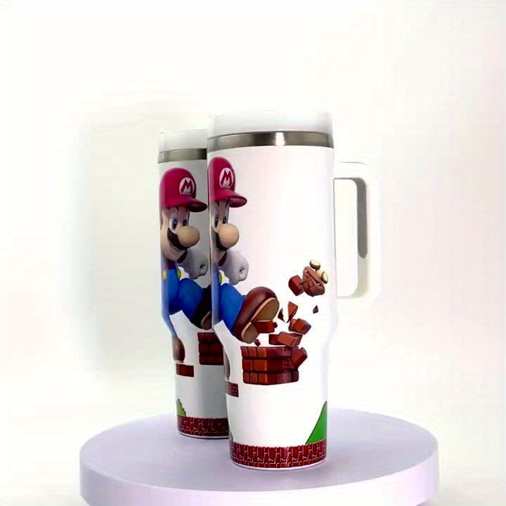 Super Mario 40oz Stainless Steel Tumbler with Handle - Leakproof, Reusable & Durable - Perfect for Hot & Cold Drinks - Ideal Gift for Family & Friends - Includes Straw & Lid - Great for Outdoor Camping, Driving & Travel